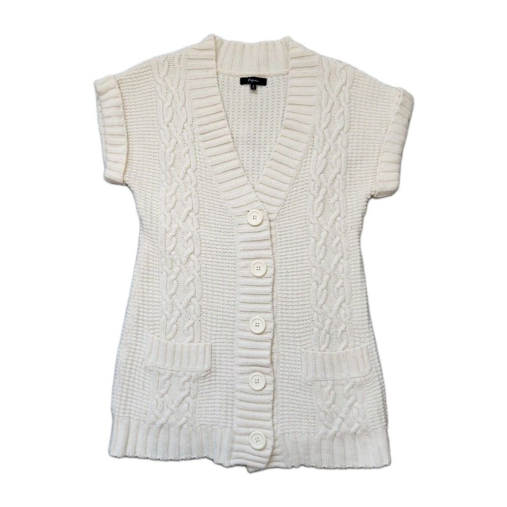Express Merino Wool Blend Sweater Dress Ivory Chunky Knit Button Front Sz S EUC
